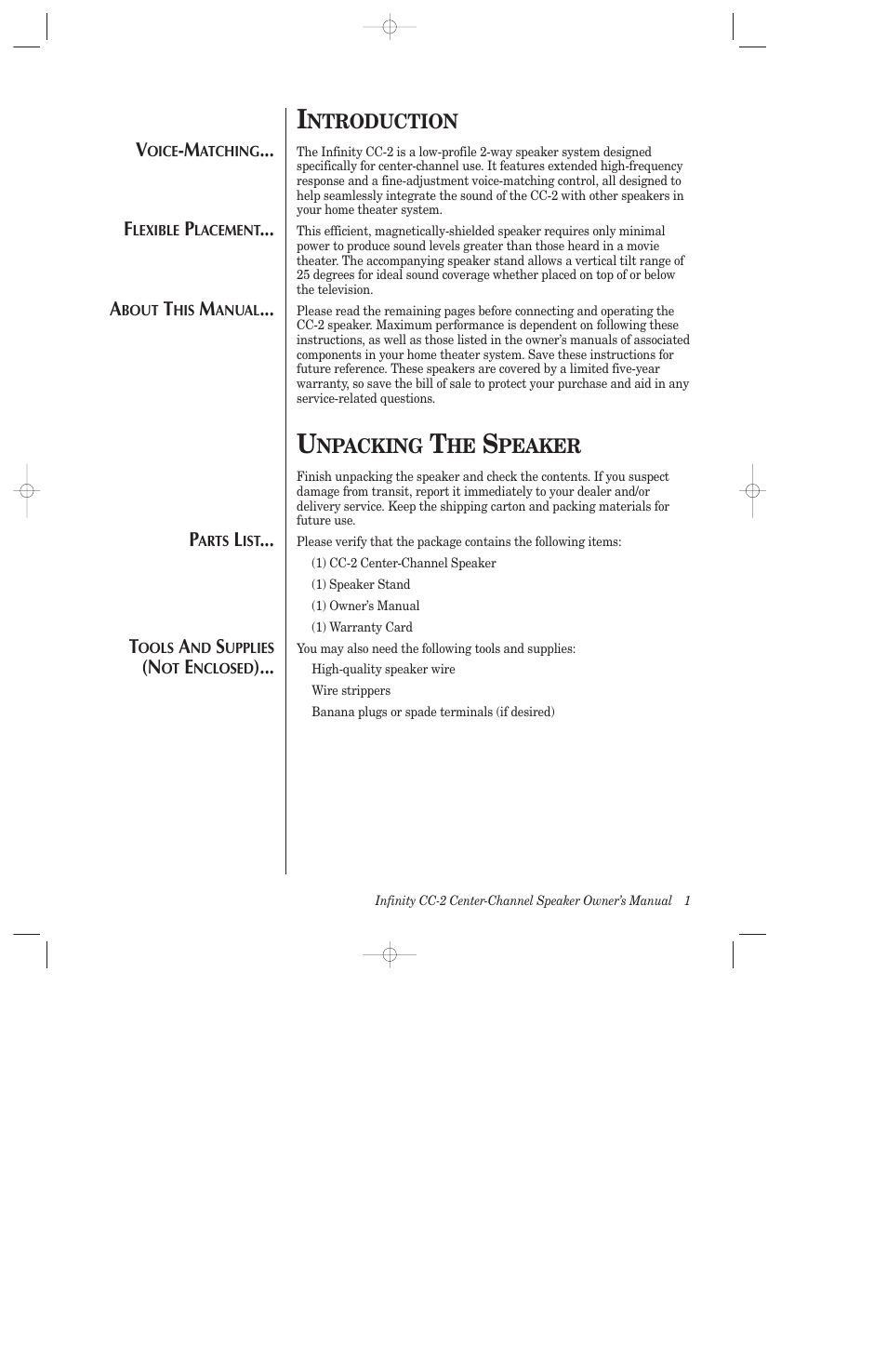Ntroduction, Npacking, Peaker | Infinity CC-2 User Manual | Page 2 / 10