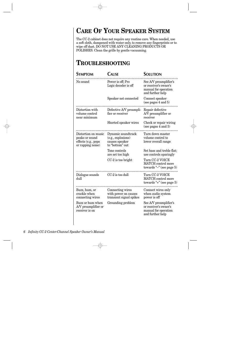 Peaker, Ystem, Roubleshooting s | Infinity CC-2 User Manual | Page 7 / 10