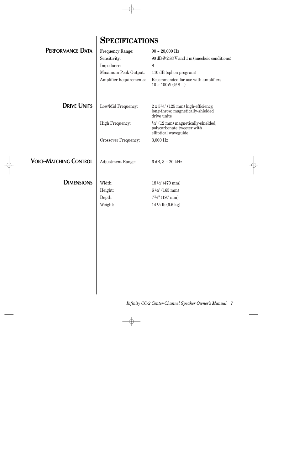 Pecifications | Infinity CC-2 User Manual | Page 8 / 10