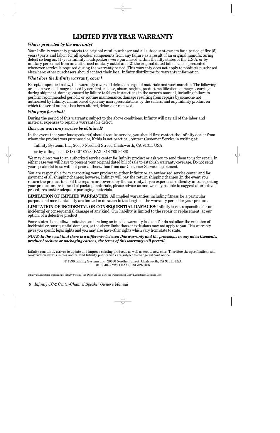 Limited five year warranty | Infinity CC-2 User Manual | Page 9 / 10