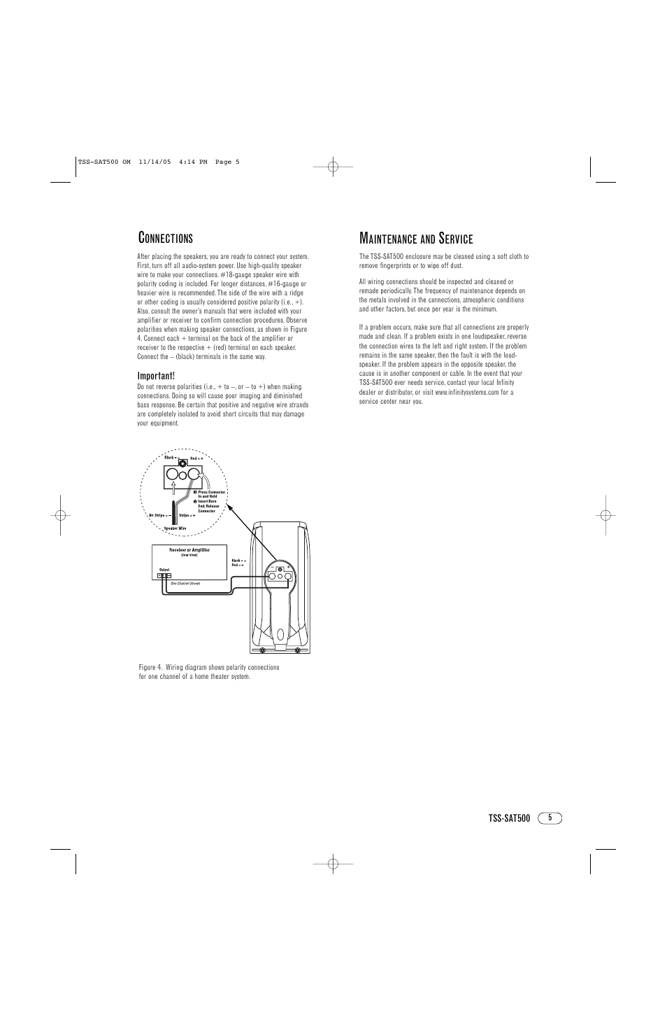 Onnections, Aintenance and, Ervice | Infinity TSS-SAT500 User Manual | Page 5 / 8