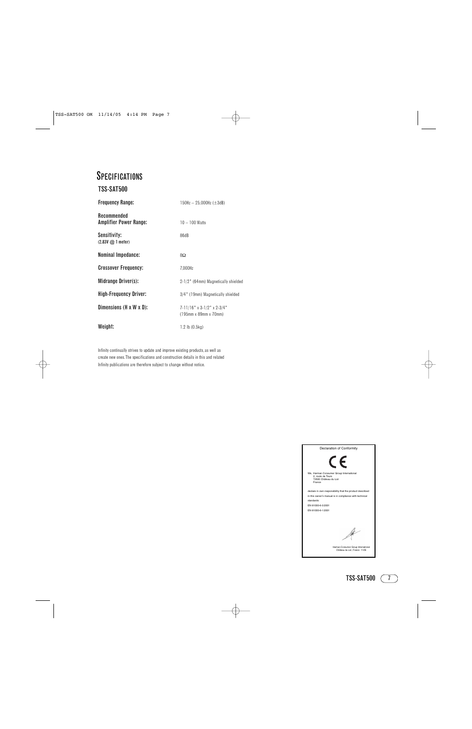 Pecifications, Tss-sat500 | Infinity TSS-SAT500 User Manual | Page 7 / 8