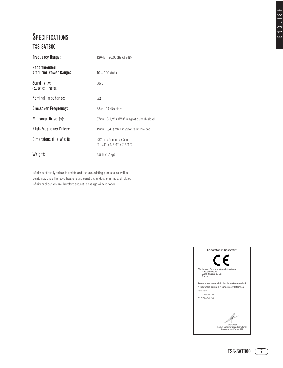 Pecifications, Tss-sat800, English | Infinity TOTAL SOLUTIONS TSS-SAT800 User Manual | Page 7 / 8