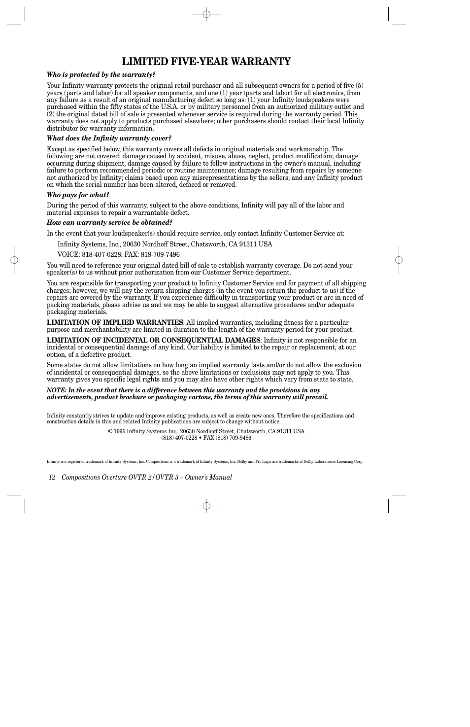 Limited five-year warranty | Infinity 3-Way Full Rang Floorstanding Speakers OVTR 2 User Manual | Page 14 / 15