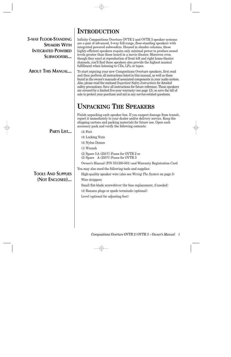 Ntroduction, Npacking, Peakers | Infinity 3-Way Full Rang Floorstanding Speakers OVTR 2 User Manual | Page 3 / 15