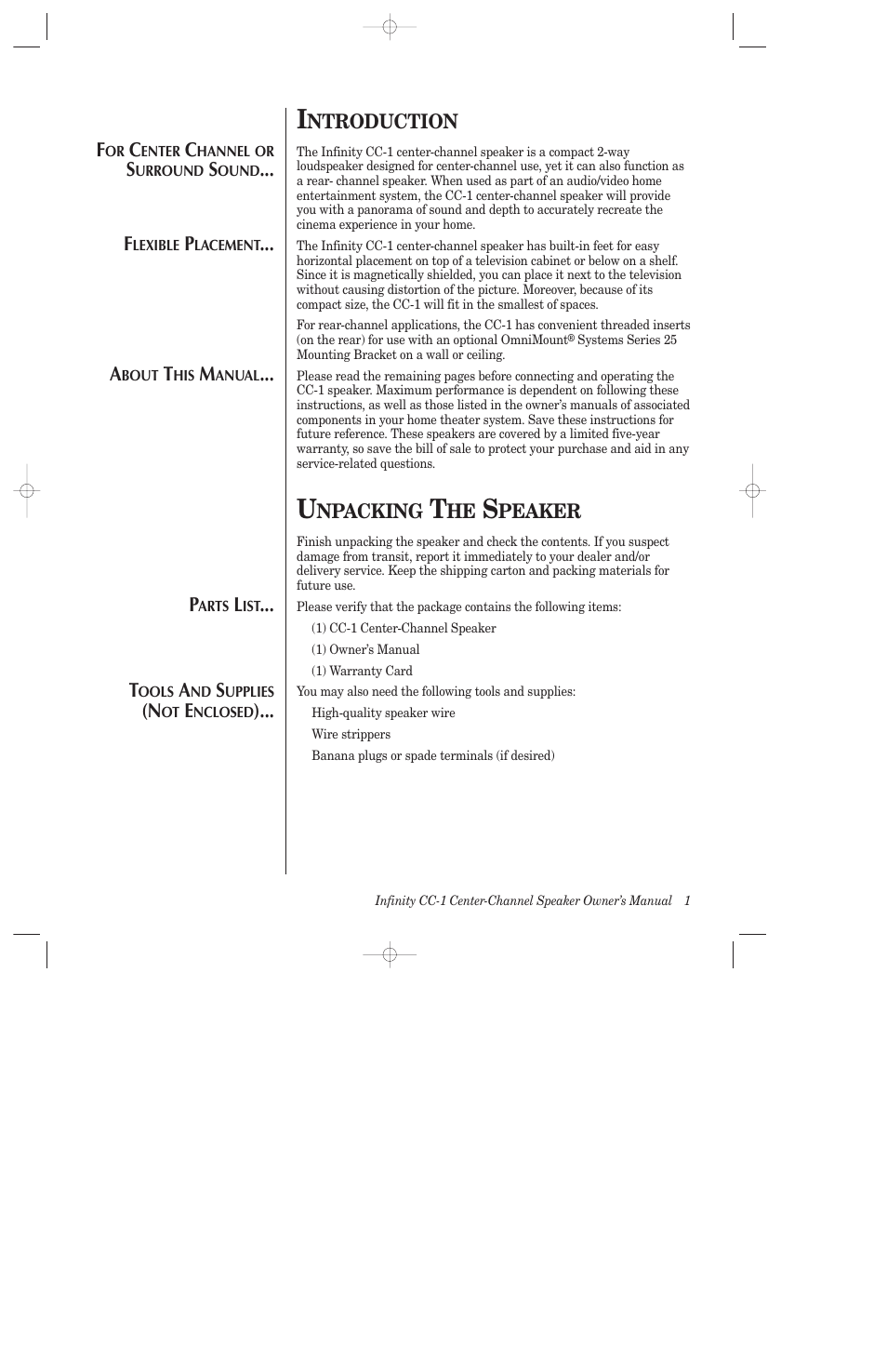 Ntroduction, Npacking, Peaker | Infinity CC-1 User Manual | Page 2 / 10