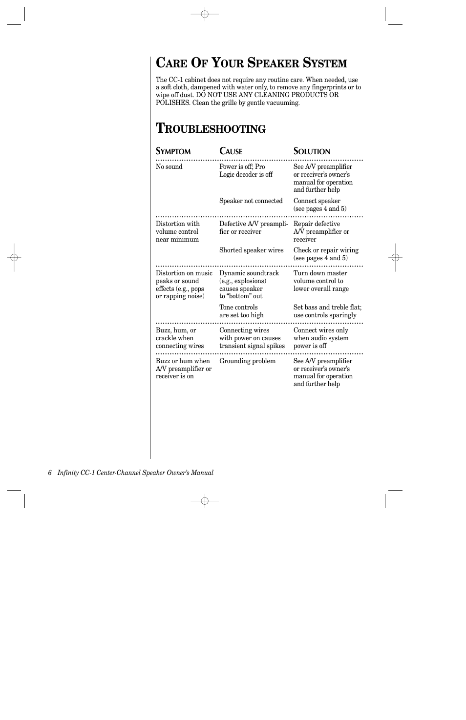 Peaker, Ystem, Roubleshooting s | Infinity CC-1 User Manual | Page 7 / 10