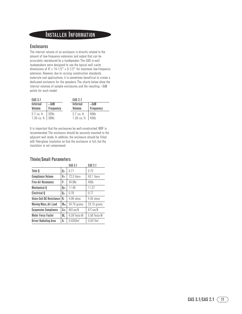 Nstaller, Nformation, Cas 3.1/cas 2.1 enclosures | Thiele/small parameters | Infinity CAS 2.1 User Manual | Page 11 / 12