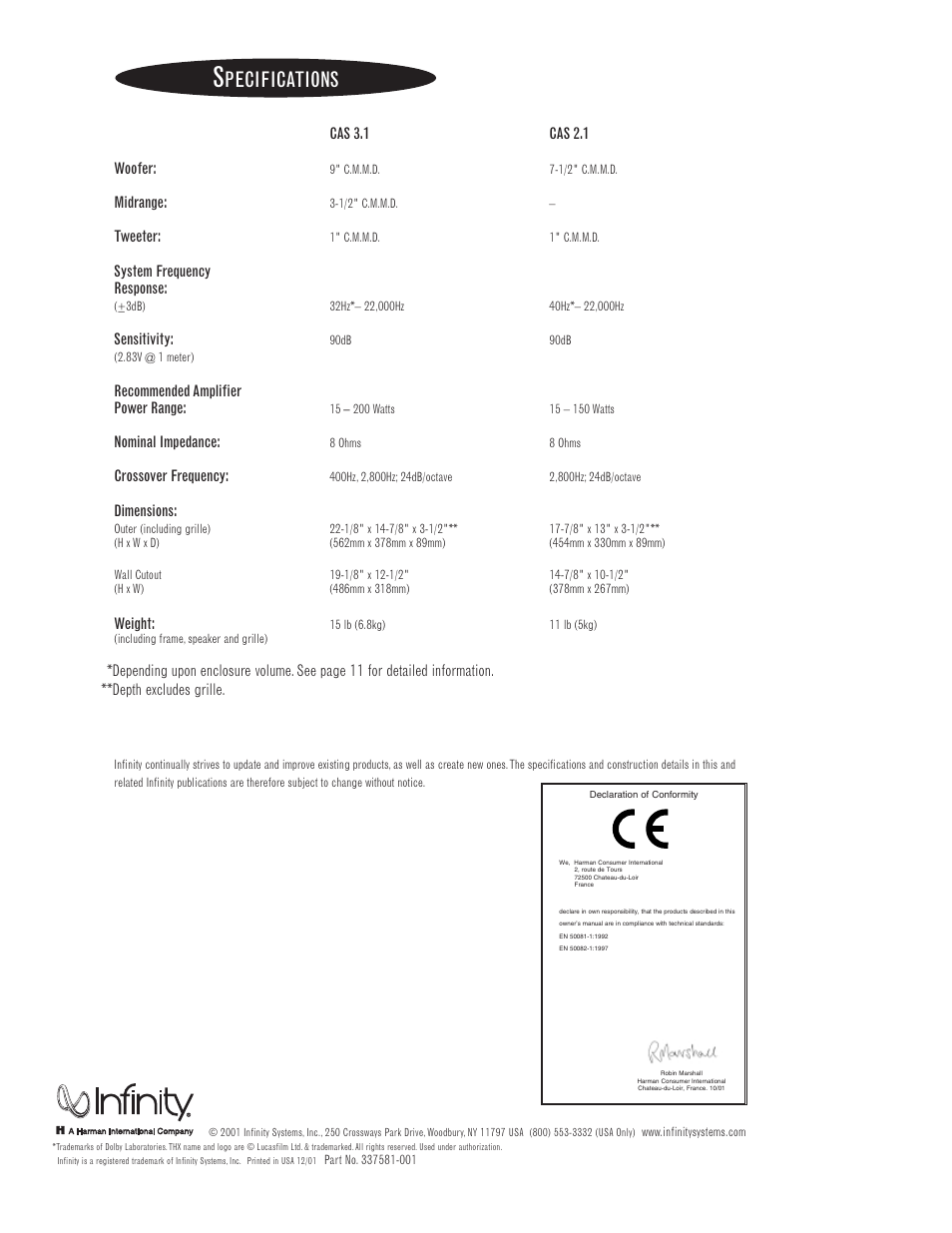 Pecifications | Infinity CAS 2.1 User Manual | Page 12 / 12