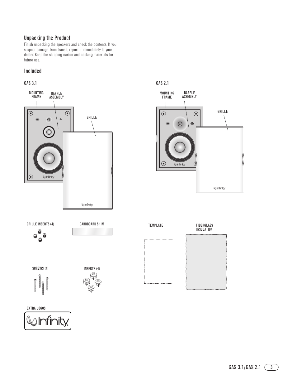 Unpacking the product, Included, Cas 3.1/cas 2.1 | Infinity CAS 2.1 User Manual | Page 3 / 12