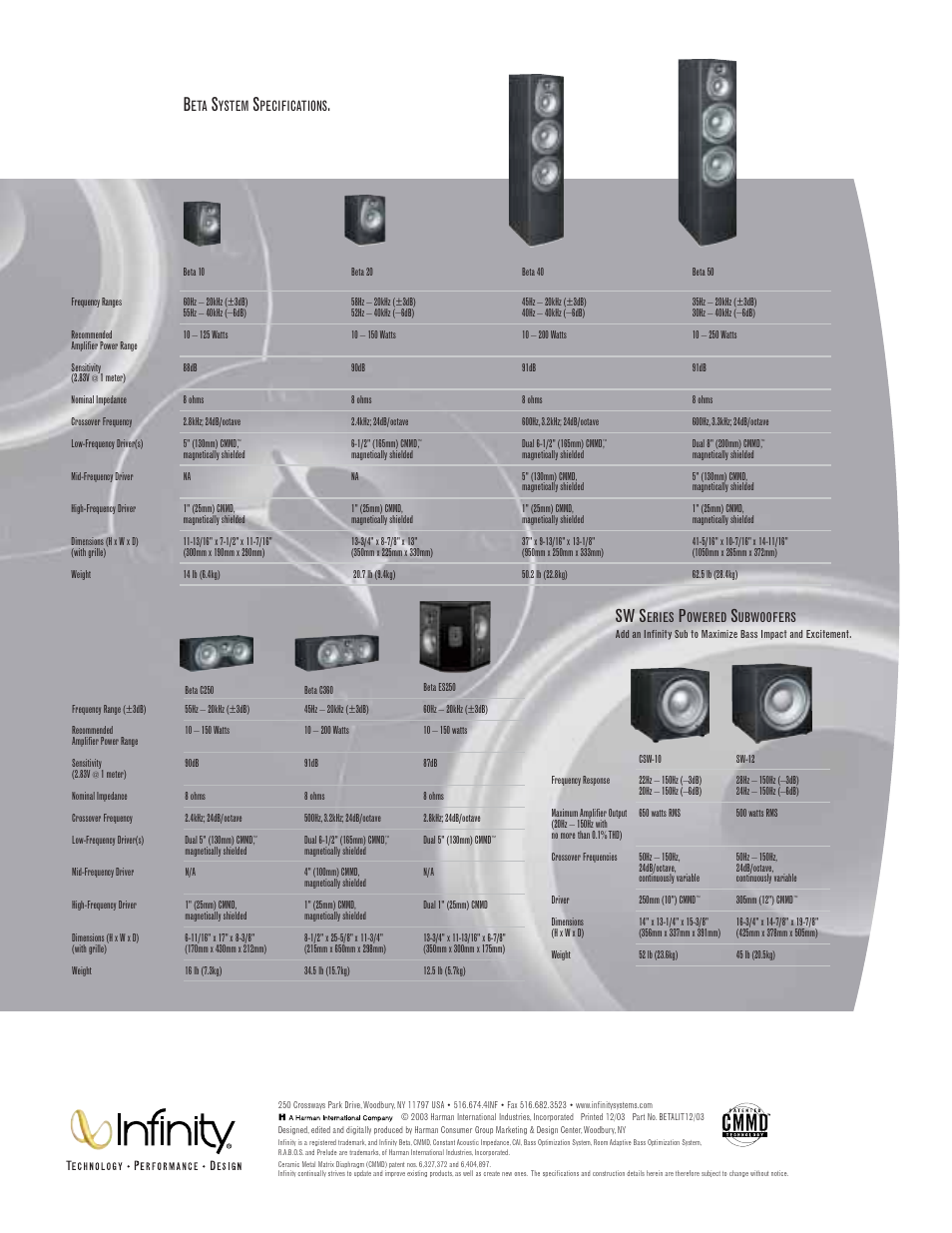 Sw s, Ystem, Pecifications | Infinity Beta 40 User Manual | Page 8 / 8