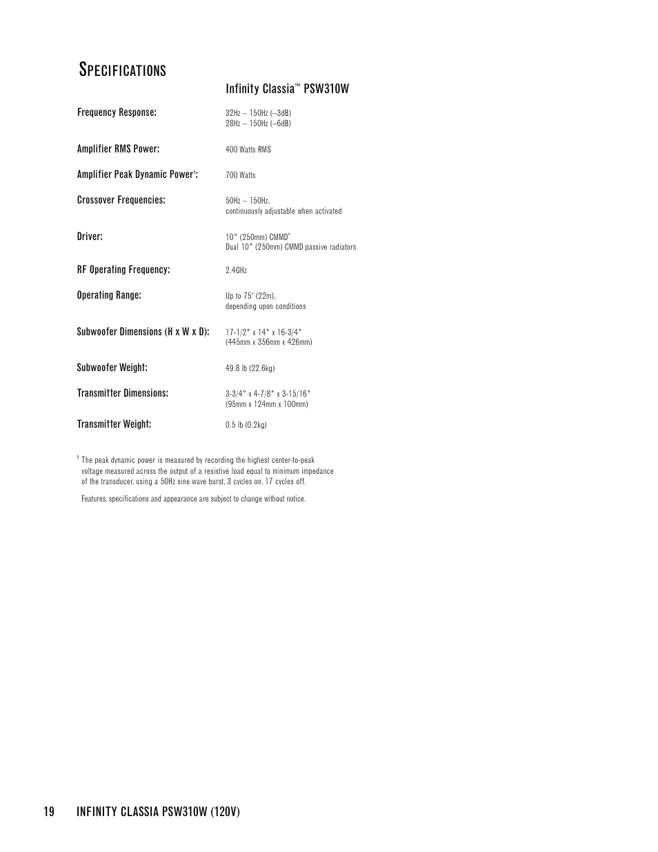 Pecifications, Infinity classia, Psw310w | Infinity CLASSIA PSW310W User Manual | Page 22 / 24