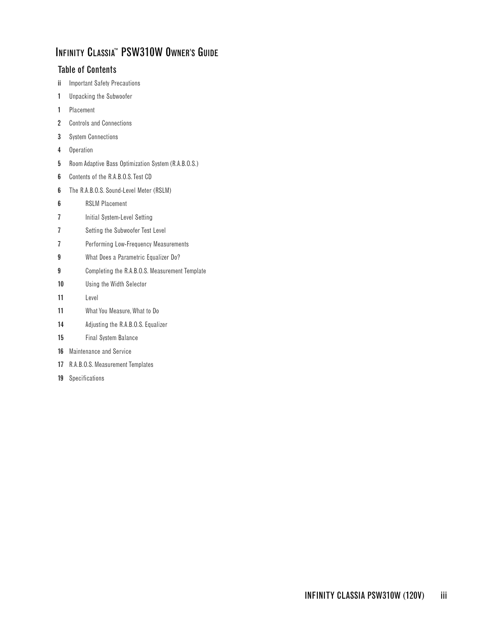 Psw310w o | Infinity CLASSIA PSW310W User Manual | Page 3 / 24