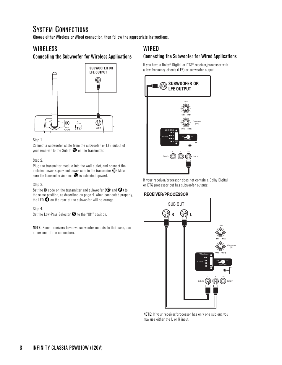 Ystem, Onnections, Wireless | Wired, Connecting the subwoofer for wired applications, Connecting the subwoofer for wireless applications, If you have a dolby, Digital or dts, G and | Infinity CLASSIA PSW310W User Manual | Page 6 / 24