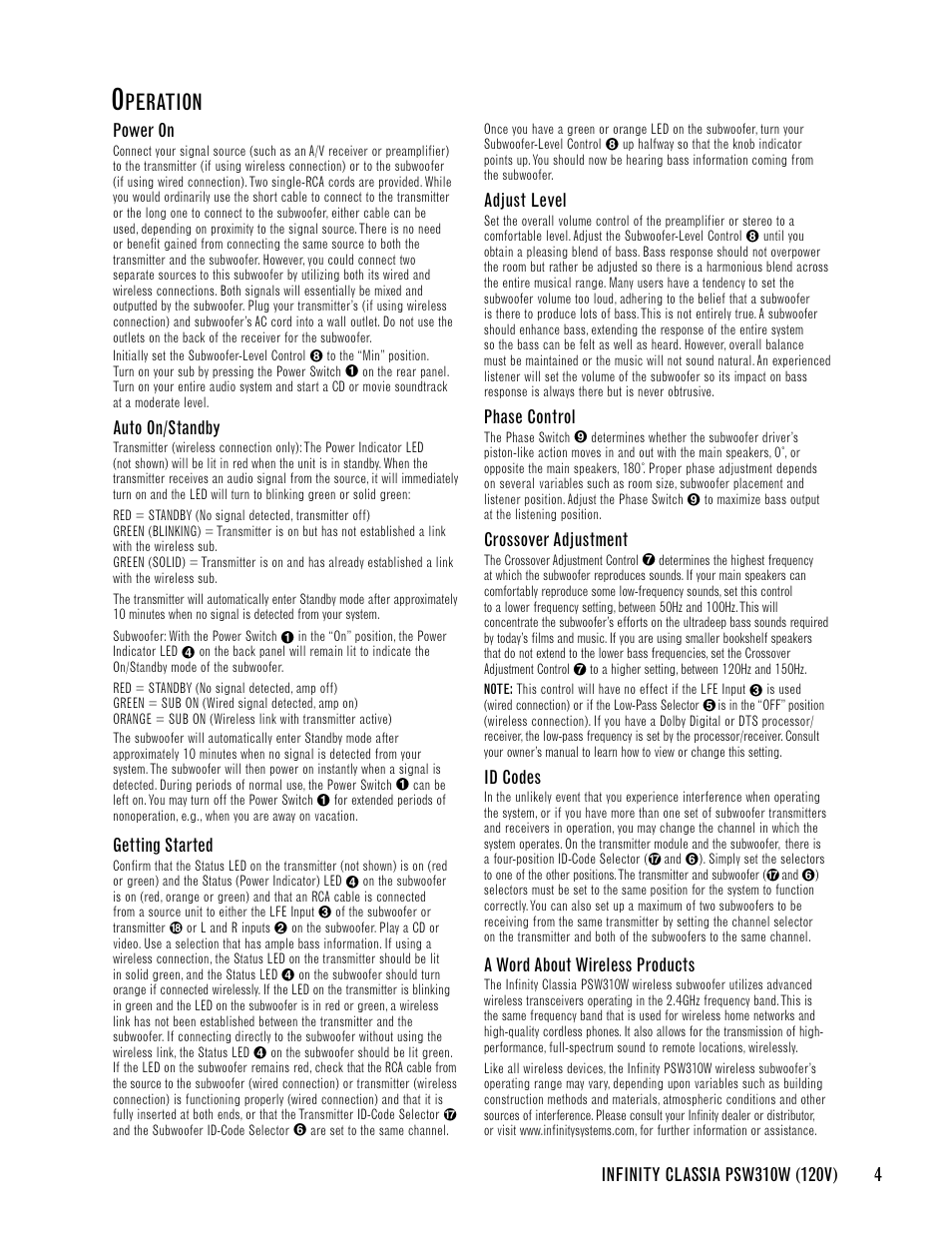 Peration, Adjust level, Phase control | Crossover adjustment, Id codes, A word about wireless products, Power on, Auto on/standby, Getting started | Infinity CLASSIA PSW310W User Manual | Page 7 / 24