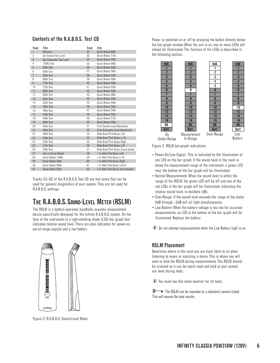 R.a.b.o.s. s, Rslm), Rslm placement | Ound, Evel, Eter, Contents of the r.a.b.o.s. test cd | Infinity CLASSIA PSW310W User Manual | Page 9 / 24