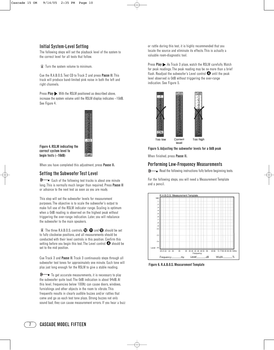 Cascade model fifteen initial system-level setting, Setting the subwoofer test level, Performing low-frequency measurements | Infinity CASCADE FIFTEEN User Manual | Page 10 / 24
