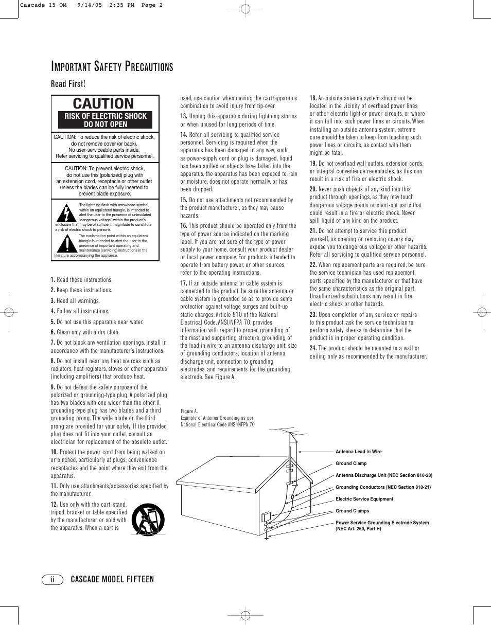 Caution, Mportant, Afety | Recautions, Cascade model fifteen read first | Infinity CASCADE FIFTEEN User Manual | Page 2 / 24