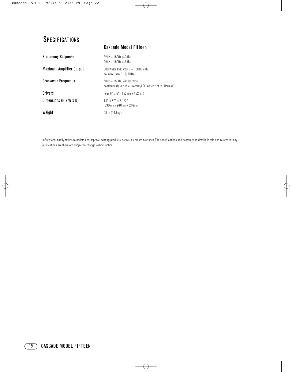 Pecifications, Cascade model fifteen cascade model fifteen | Infinity CASCADE FIFTEEN User Manual | Page 22 / 24