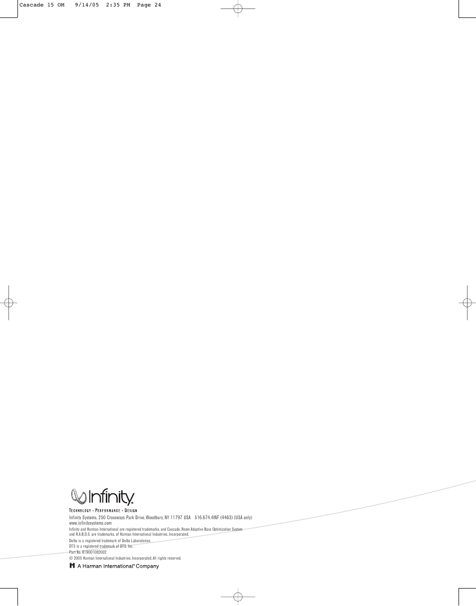 Infinity CASCADE FIFTEEN User Manual | Page 24 / 24