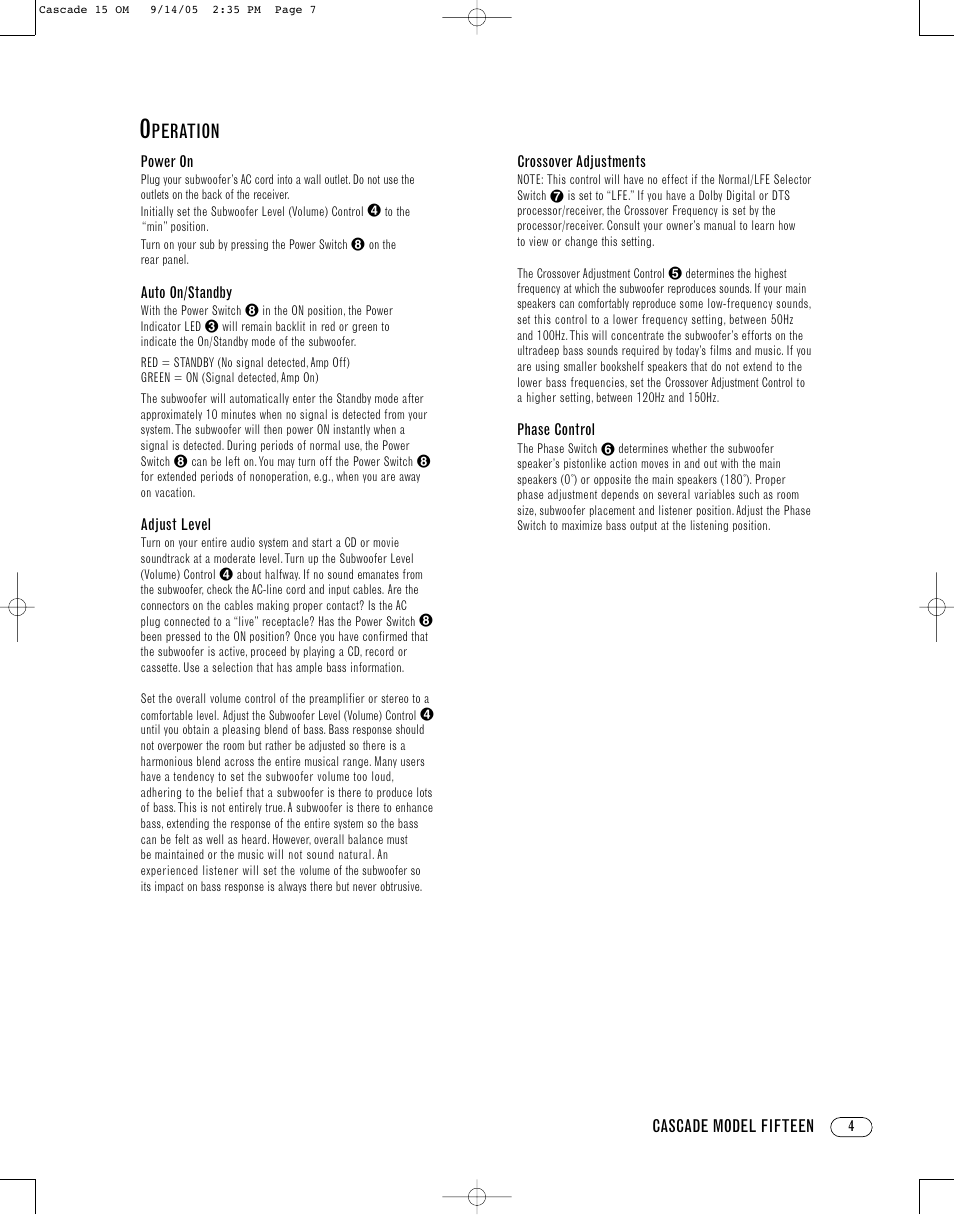 Peration | Infinity CASCADE FIFTEEN User Manual | Page 7 / 24