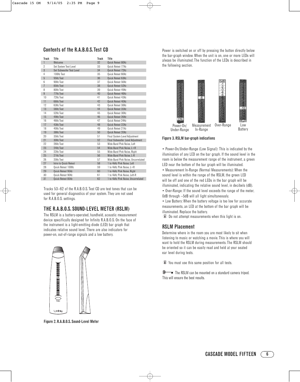 Cascade model fifteen, Rslm placement, The r.a.b.o.s. sound-level meter (rslm) | Contents of the r.a.b.o.s.test cd, Figure 2. r.a.b.o.s. sound-level meter | Infinity CASCADE FIFTEEN User Manual | Page 9 / 24