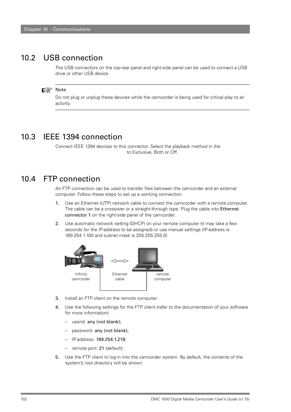 2 usb connection, 3 ieee 1394 connection, 4 ftp connection | Usb connection, Ieee 1394 connection, Ftp connection | Infinity DMC 1000 User Manual | Page 102 / 150