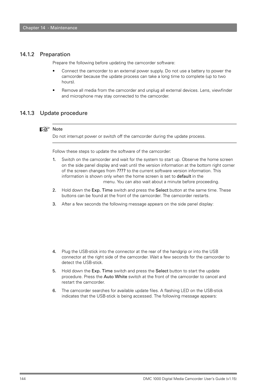 2 preparation, 3 update procedure, 2 preparation 14.1.3 update procedure | Infinity DMC 1000 User Manual | Page 144 / 150