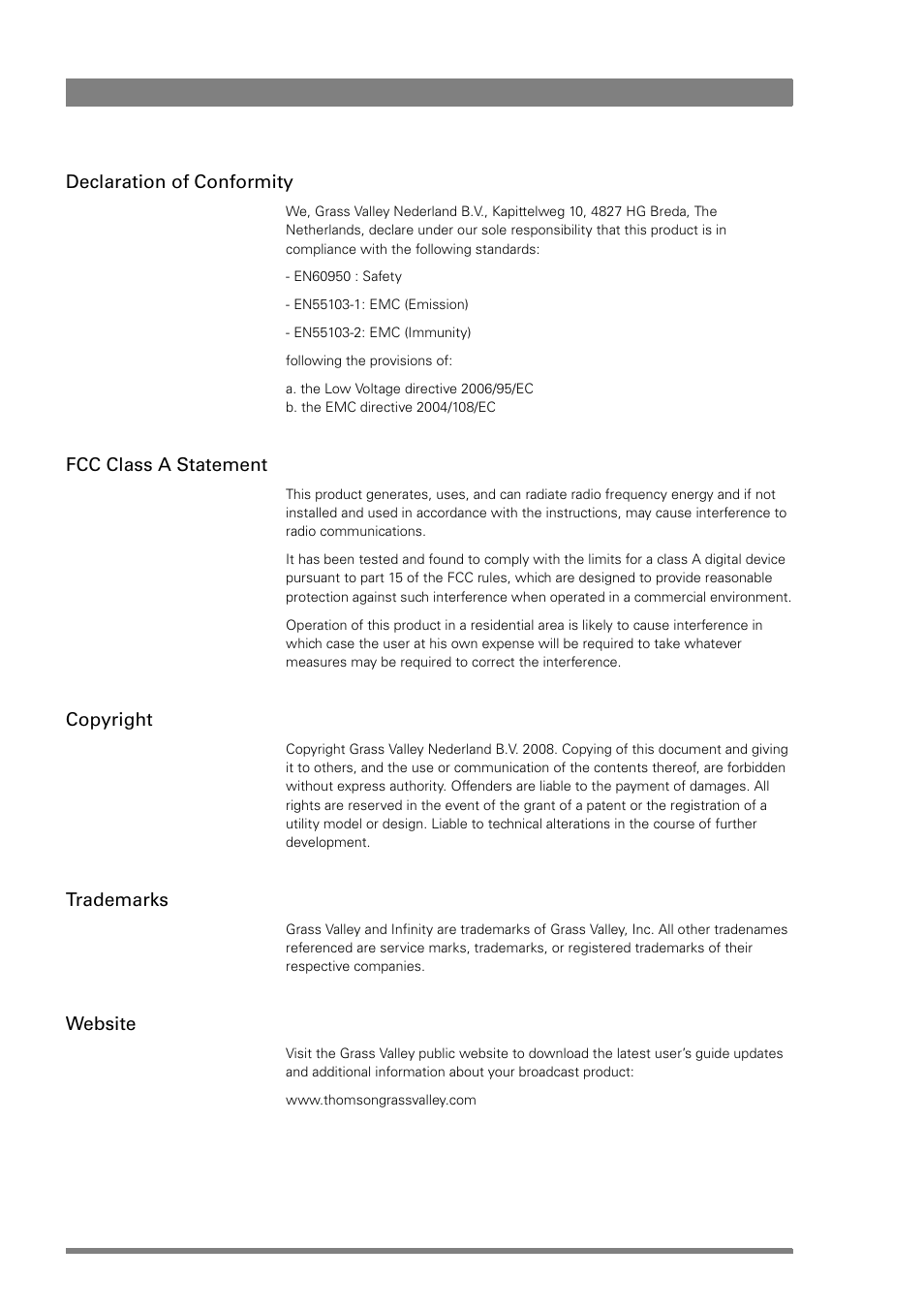 Declaration of conformity, Fcc class a statement, Copyright | Trademarks, Website | Infinity DMC 1000 User Manual | Page 2 / 150