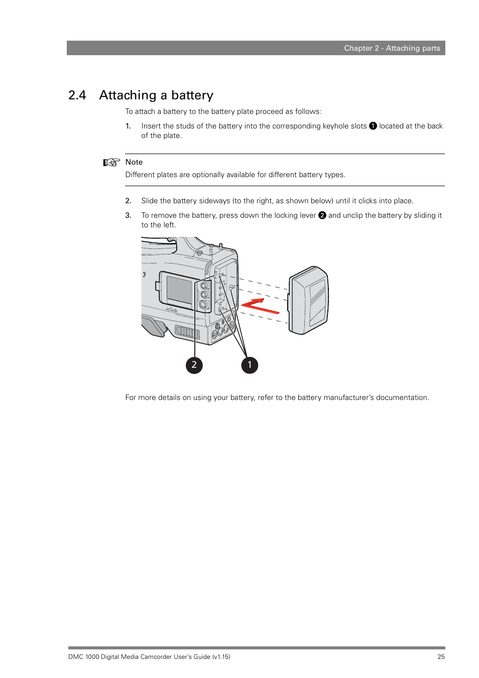4 attaching a battery, Attaching a battery | Infinity DMC 1000 User Manual | Page 25 / 150