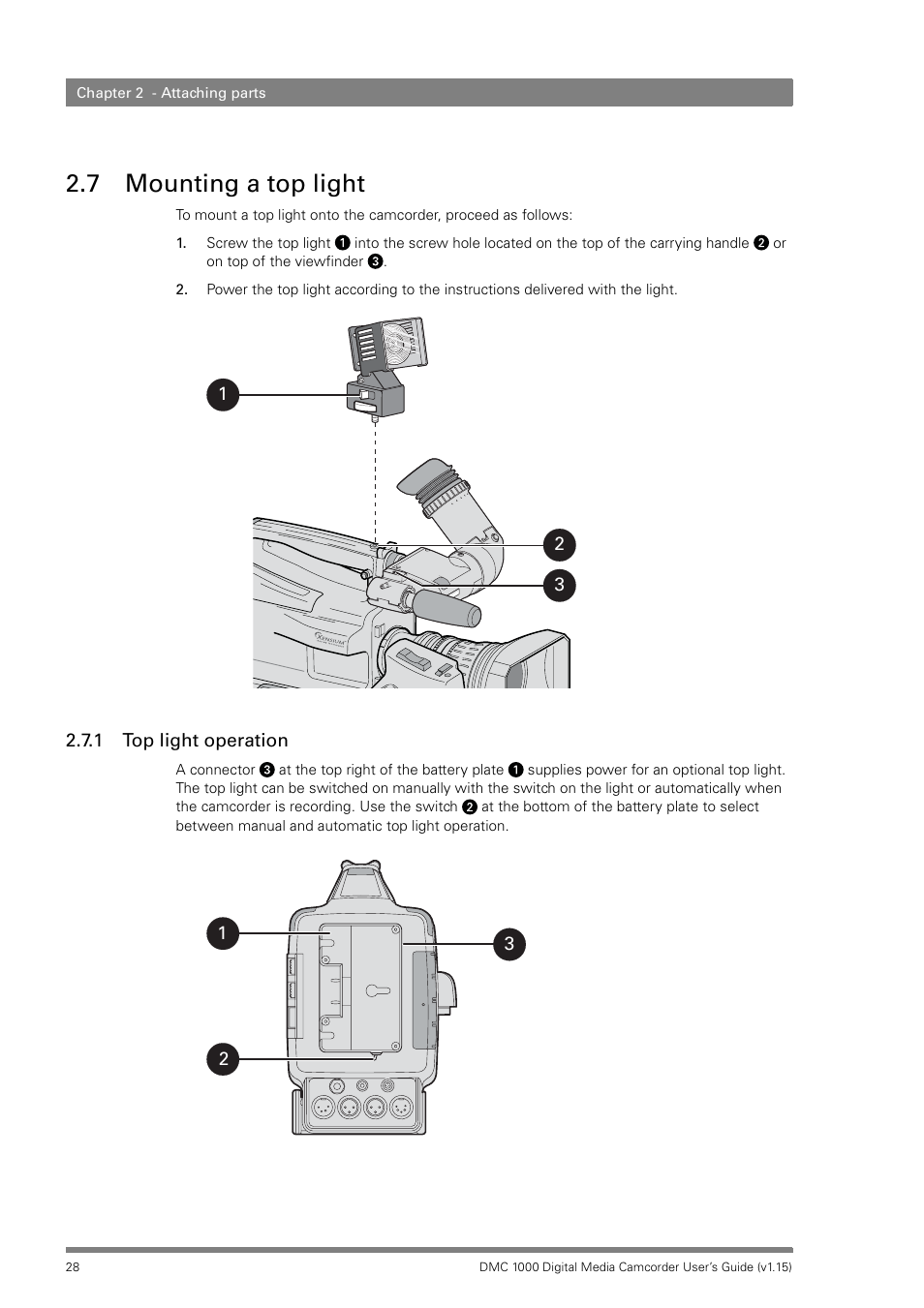 7 mounting a top light, 1 top light operation, Mounting a top light 2.7.1 | Top light operation | Infinity DMC 1000 User Manual | Page 28 / 150