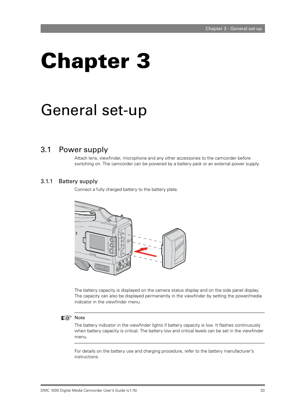General set-up, 1 power supply, 1 battery supply | Chapter 3 – general set-up, Power supply 3.1.1, Battery supply, Chapter 3 | Infinity DMC 1000 User Manual | Page 33 / 150