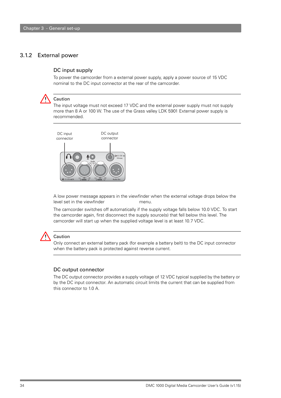 2 external power, External power, Dc input supply | Dc output connector, Chapter 3 - general set-up | Infinity DMC 1000 User Manual | Page 34 / 150