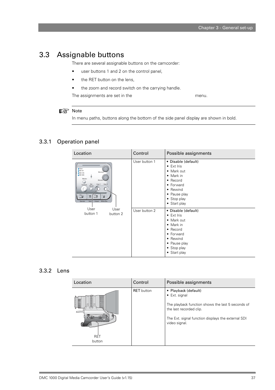 3 assignable buttons, 1 operation panel, 2 lens | Assignable buttons 3.3.1, Operation panel, Lens, 1 operation panel 3.3.2 lens, Chapter 3 - general set-up, Location control possible assignments | Infinity DMC 1000 User Manual | Page 37 / 150