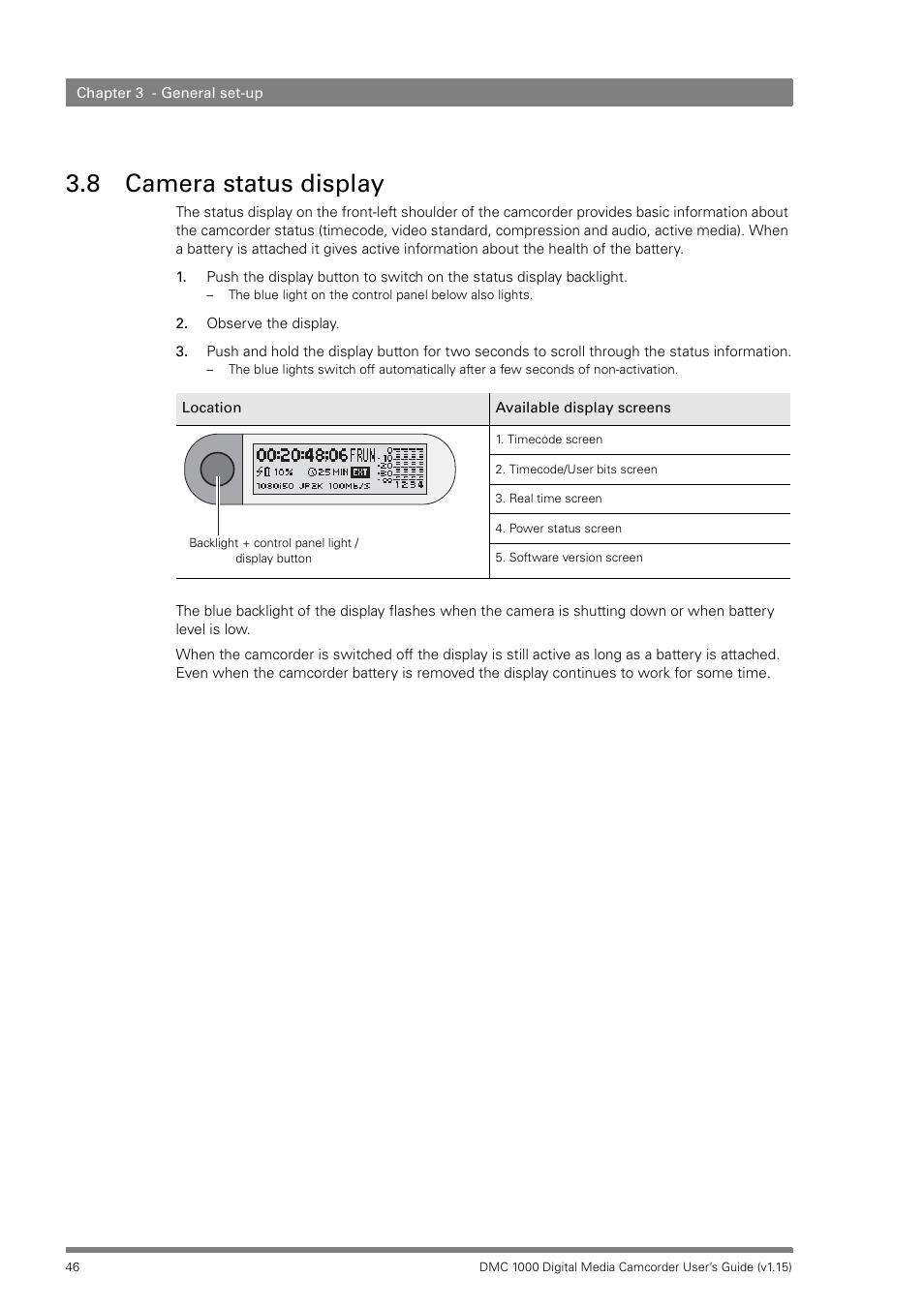 8 camera status display, Camera status display | Infinity DMC 1000 User Manual | Page 46 / 150