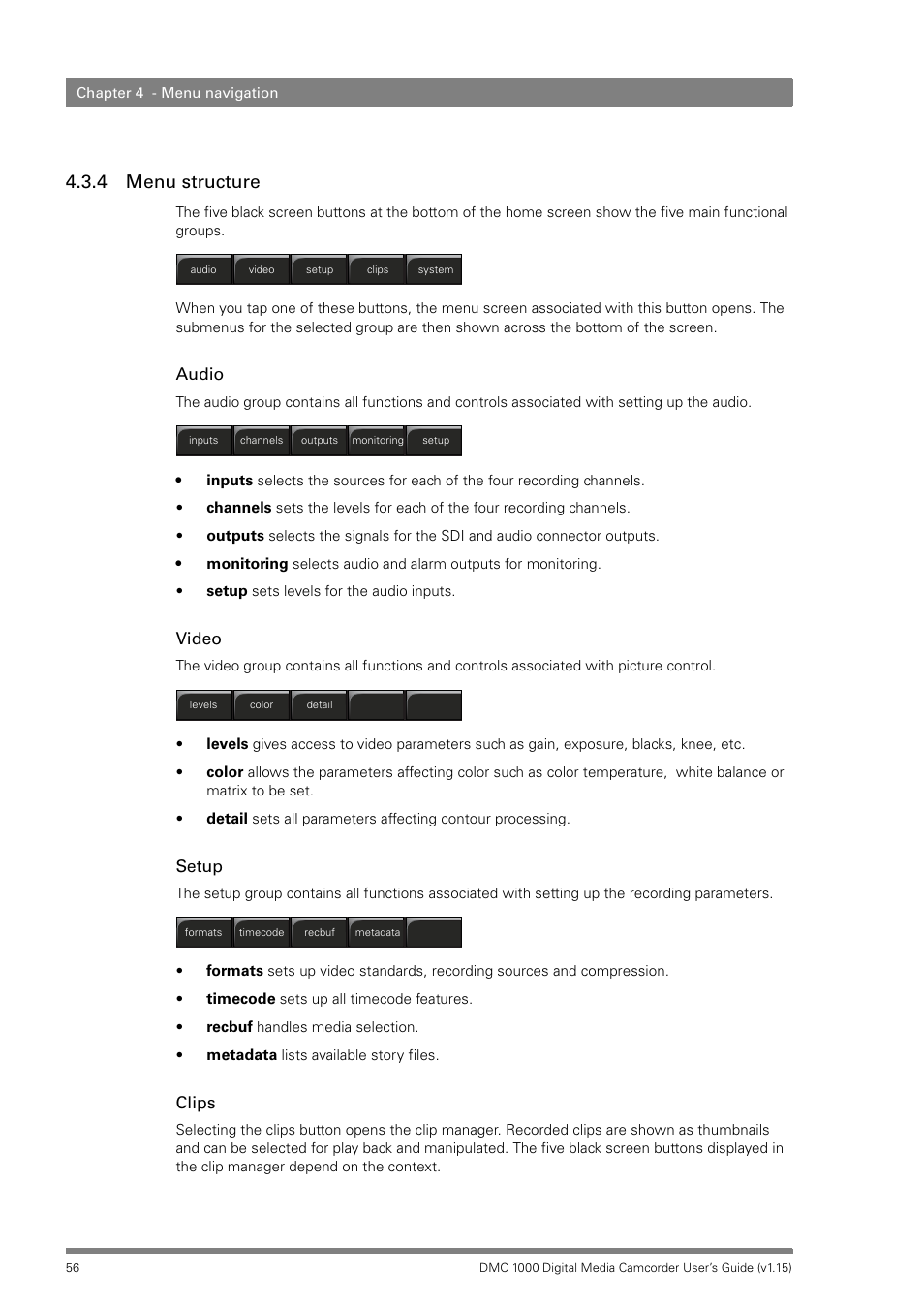 4 menu structure, Menu structure | Infinity DMC 1000 User Manual | Page 56 / 150
