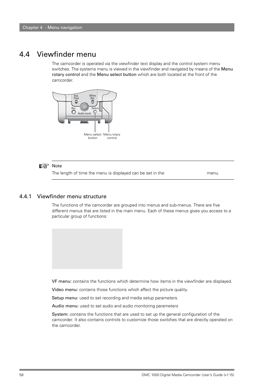 4 viewfinder menu, 1 viewfinder menu structure, Viewfinder menu 4.4.1 | Viewfinder menu structure | Infinity DMC 1000 User Manual | Page 58 / 150