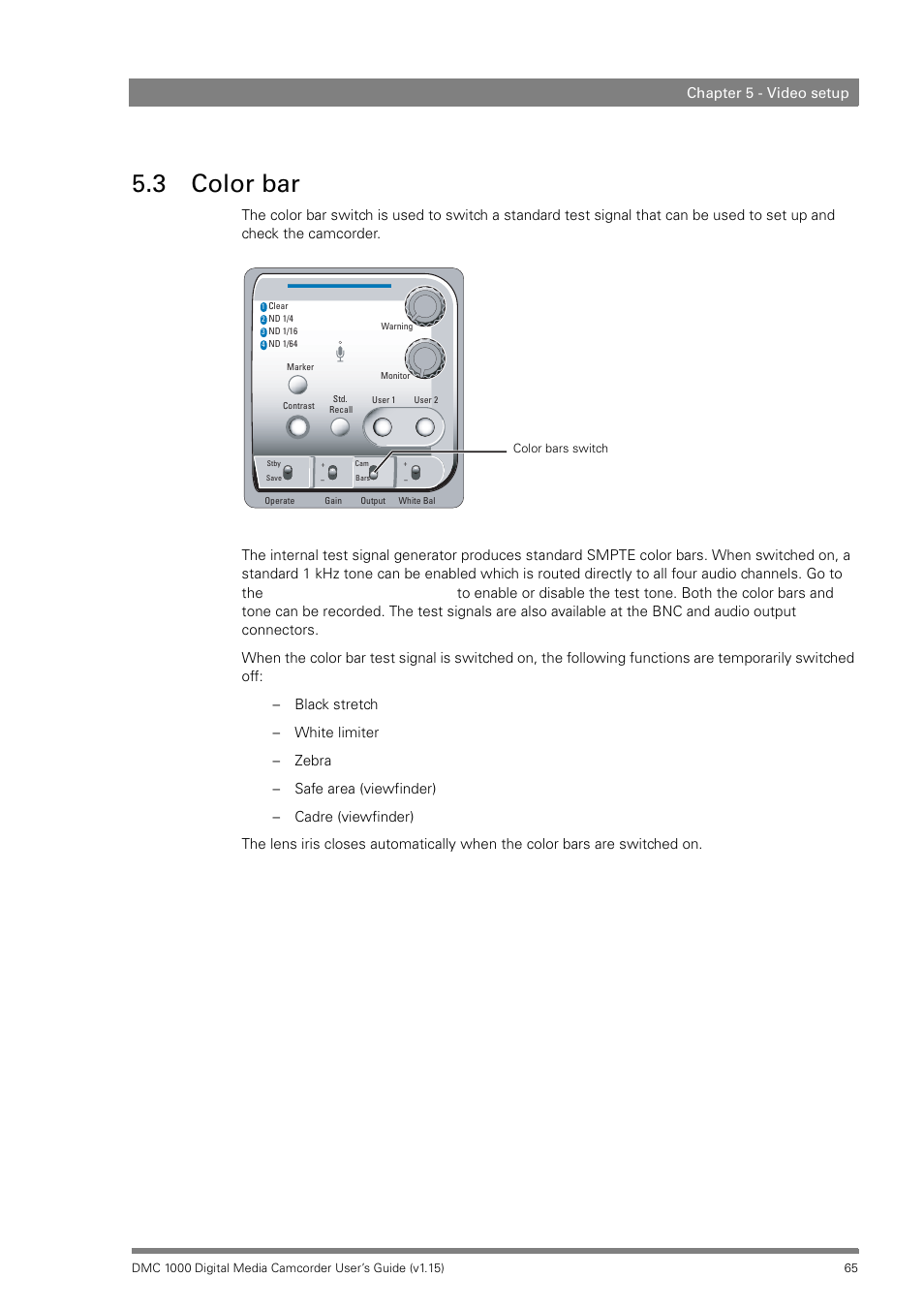 3 color bar, Color bar, Chapter 5 - video setup | Infinity DMC 1000 User Manual | Page 65 / 150