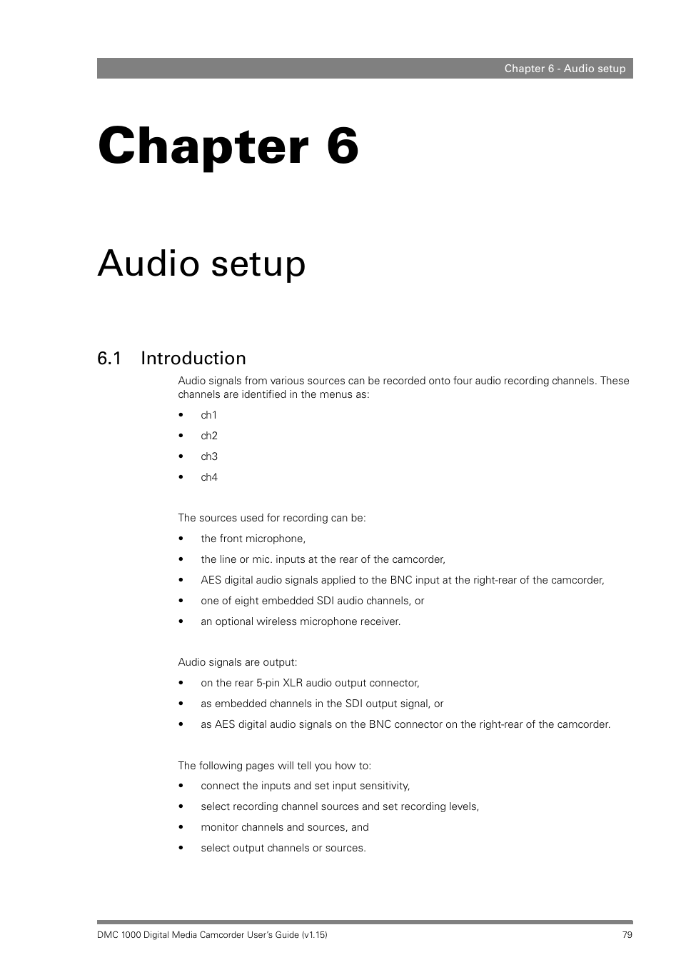 Audio setup, 1 introduction, Chapter 6 – audio setup | Introduction, Chapter 6 | Infinity DMC 1000 User Manual | Page 79 / 150