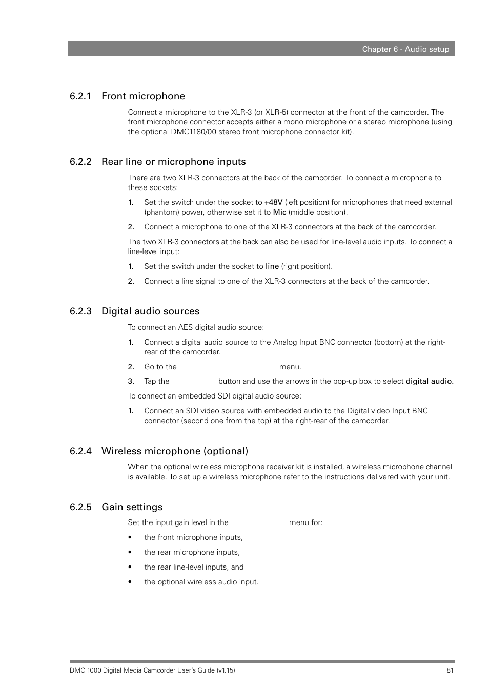 1 front microphone, 2 rear line or microphone inputs, 3 digital audio sources | 4 wireless microphone (optional), 5 gain settings, Front microphone, Rear line or microphone inputs, Digital audio sources, Wireless microphone (optional), Gain settings | Infinity DMC 1000 User Manual | Page 81 / 150