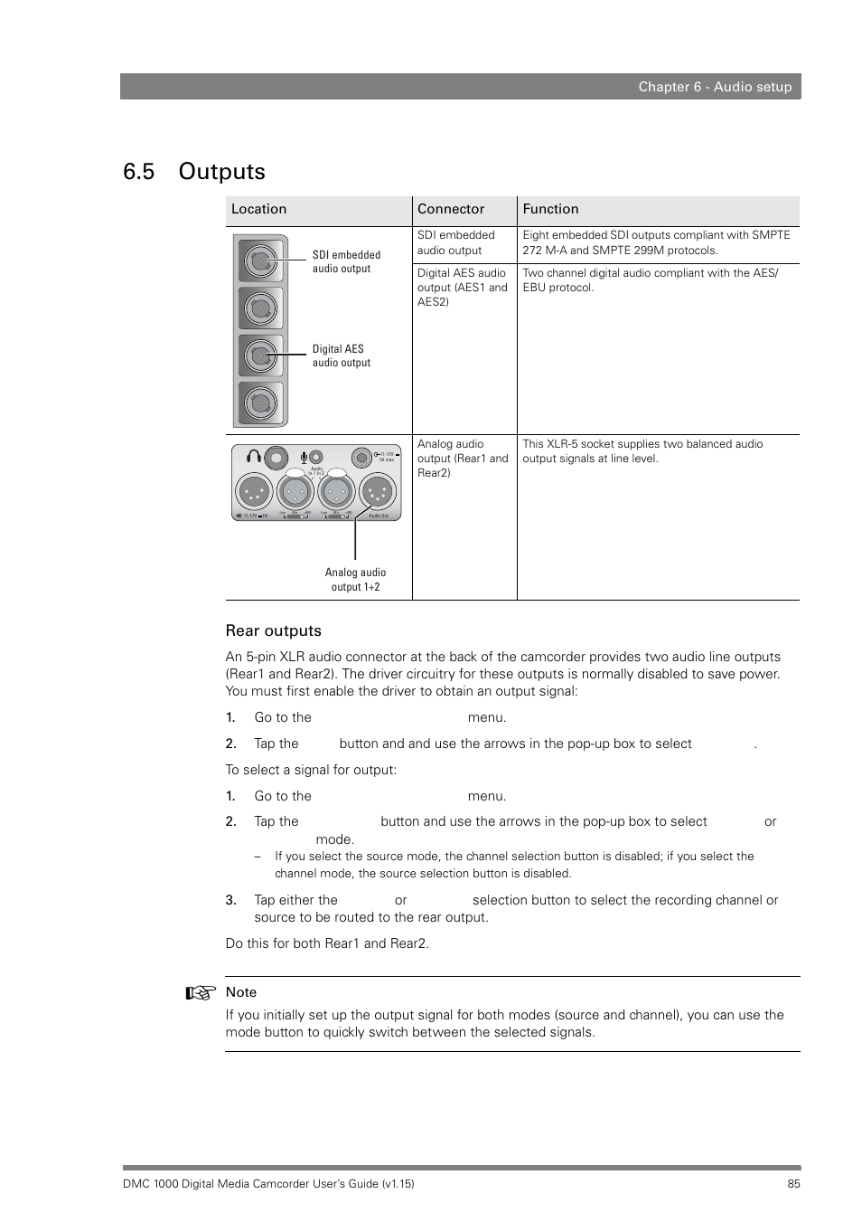 5 outputs, Outputs, Rear outputs | Infinity DMC 1000 User Manual | Page 85 / 150