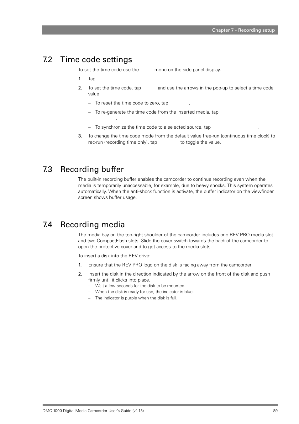 2 time code settings, 3 recording buffer, 4 recording media | Time code settings, Recording buffer, Recording media | Infinity DMC 1000 User Manual | Page 89 / 150