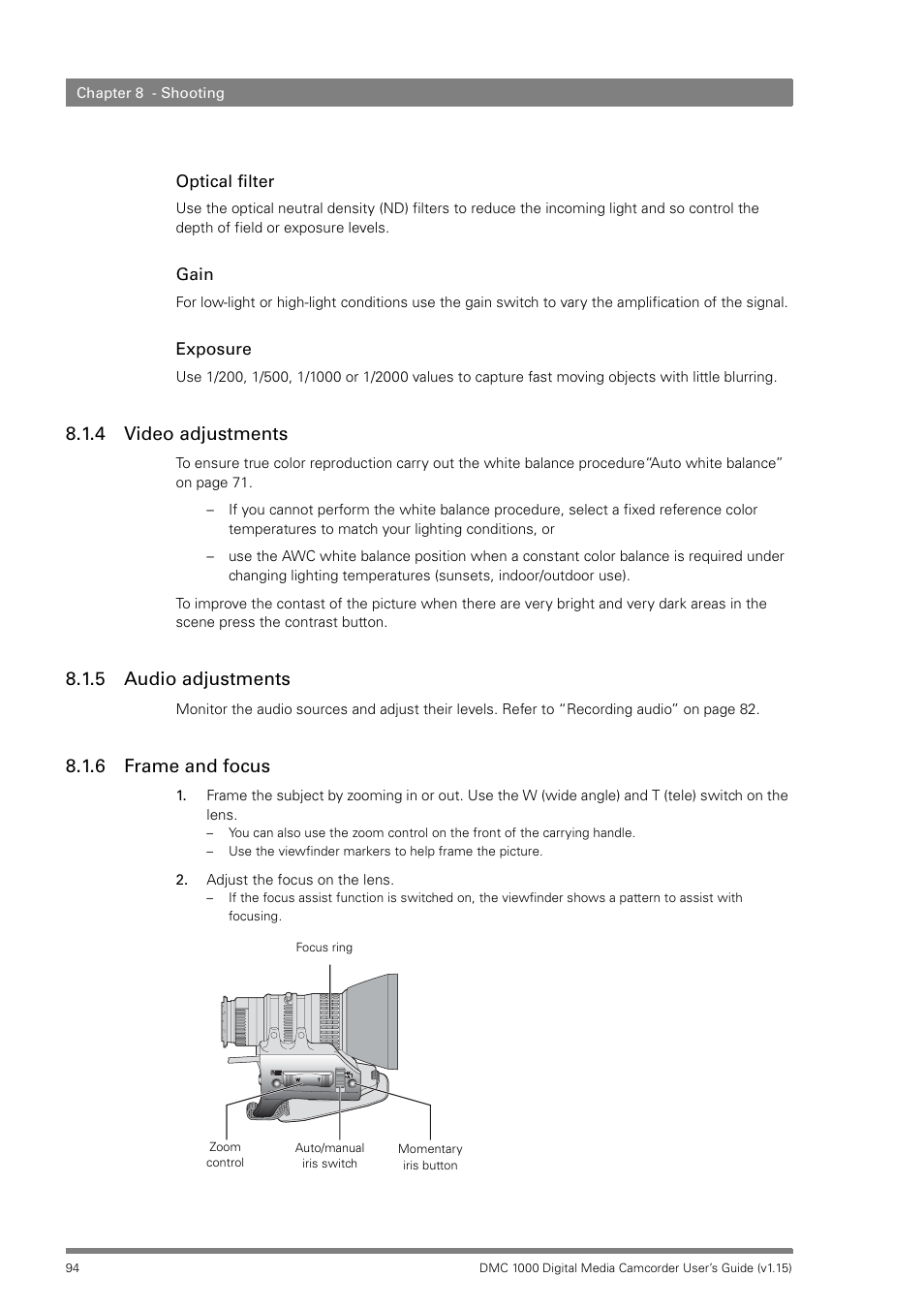 4 video adjustments, 5 audio adjustments, 6 frame and focus | Video adjustments, Audio adjustments, Frame and focus | Infinity DMC 1000 User Manual | Page 94 / 150
