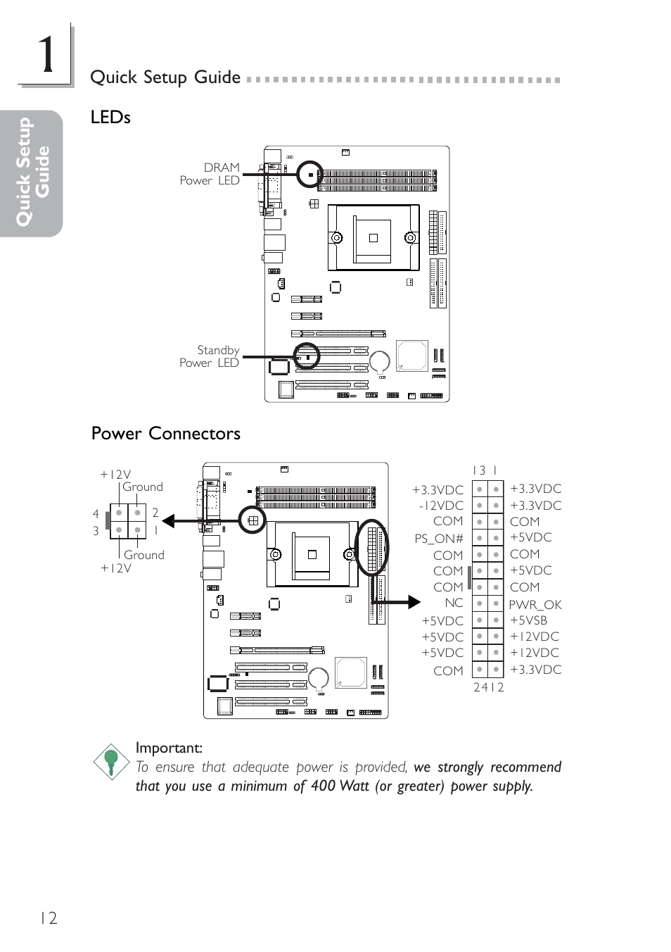 Quick setup guide, Quick setup guide leds, Power connectors | Infinity nF4X User Manual | Page 12 / 13