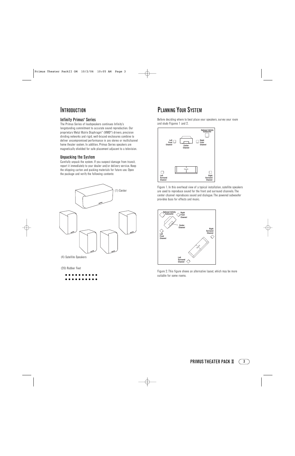 Ntroduction, Lanning, Ystem | Primus theater pack ii, Infinity primus, Series, Unpacking the system | Infinity Primus Theater Pack II Primus Series User Manual | Page 3 / 8