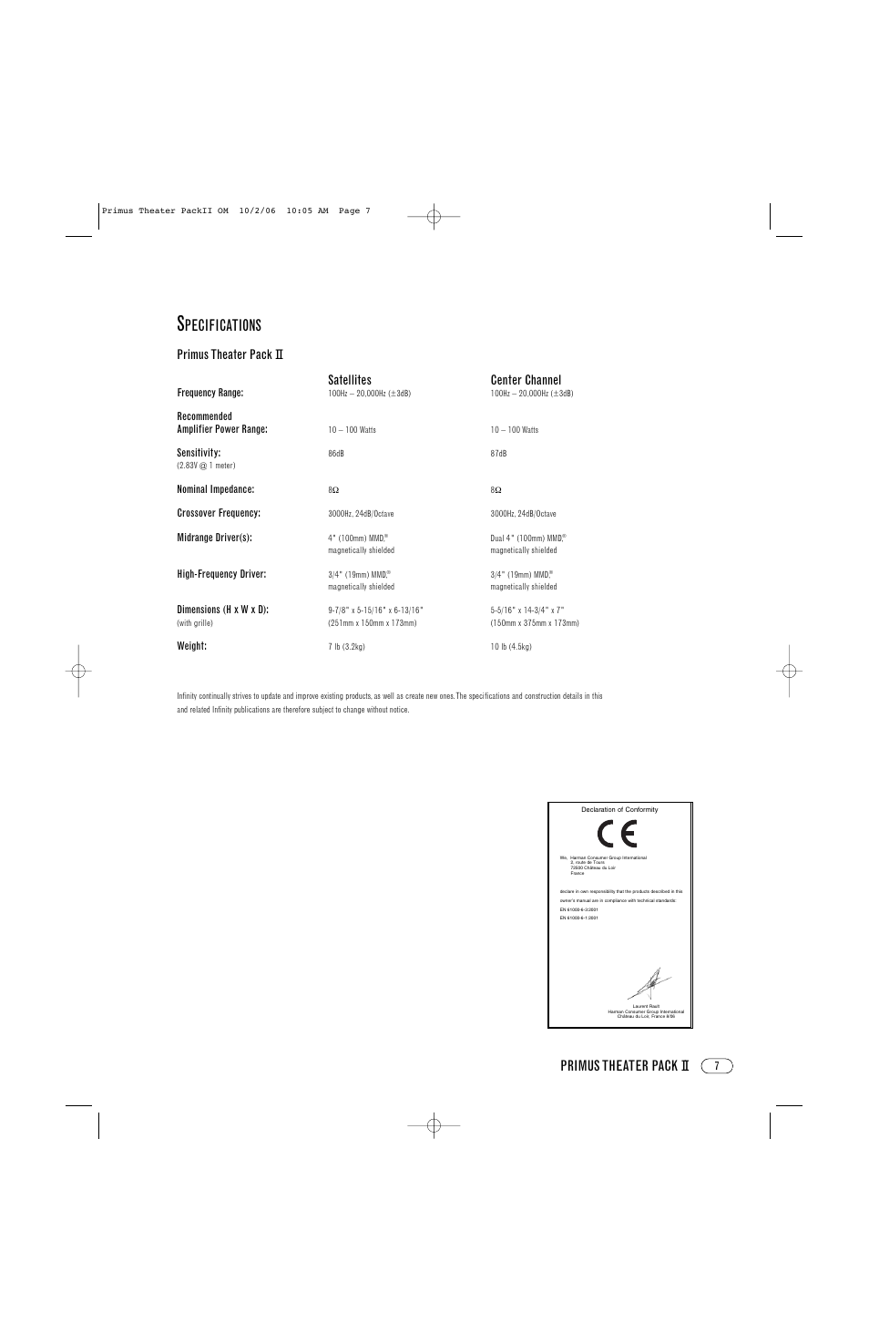 Pecifications, Primus theater pack ii, Primus theater pack ii satellites center channel | Infinity Primus Theater Pack II Primus Series User Manual | Page 7 / 8