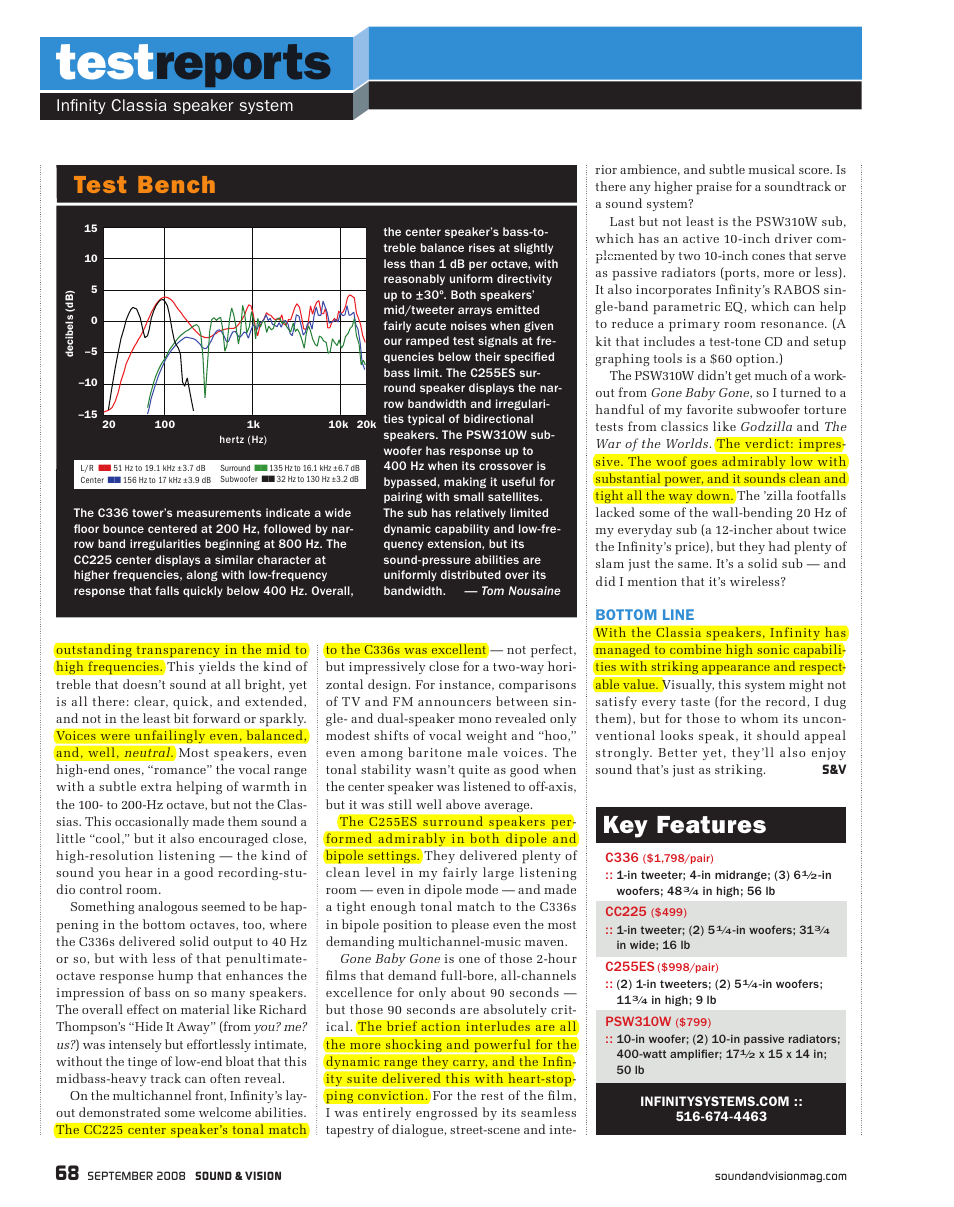 Test reports, Key features, Test bench | Infinity classia speaker system | Infinity C336 User Manual | Page 2 / 2