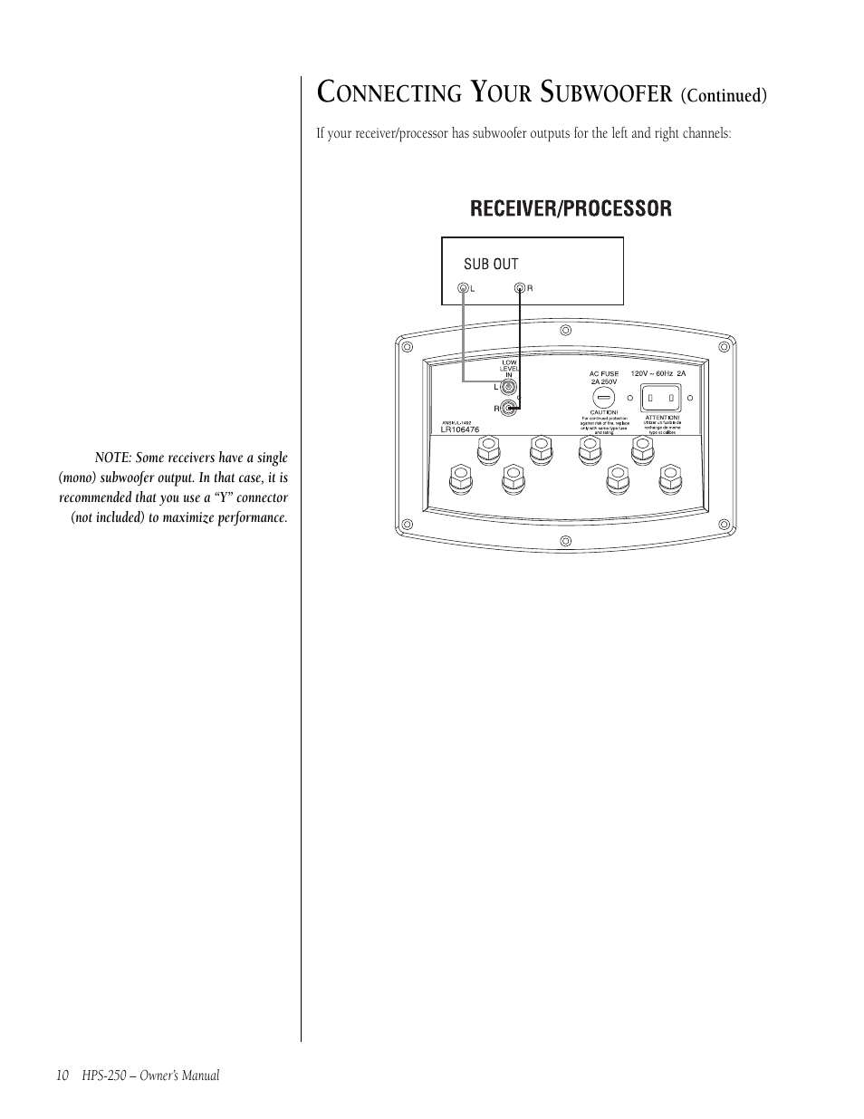 Onnecting, Ubwoofer | Infinity HPS-250 User Manual | Page 10 / 16