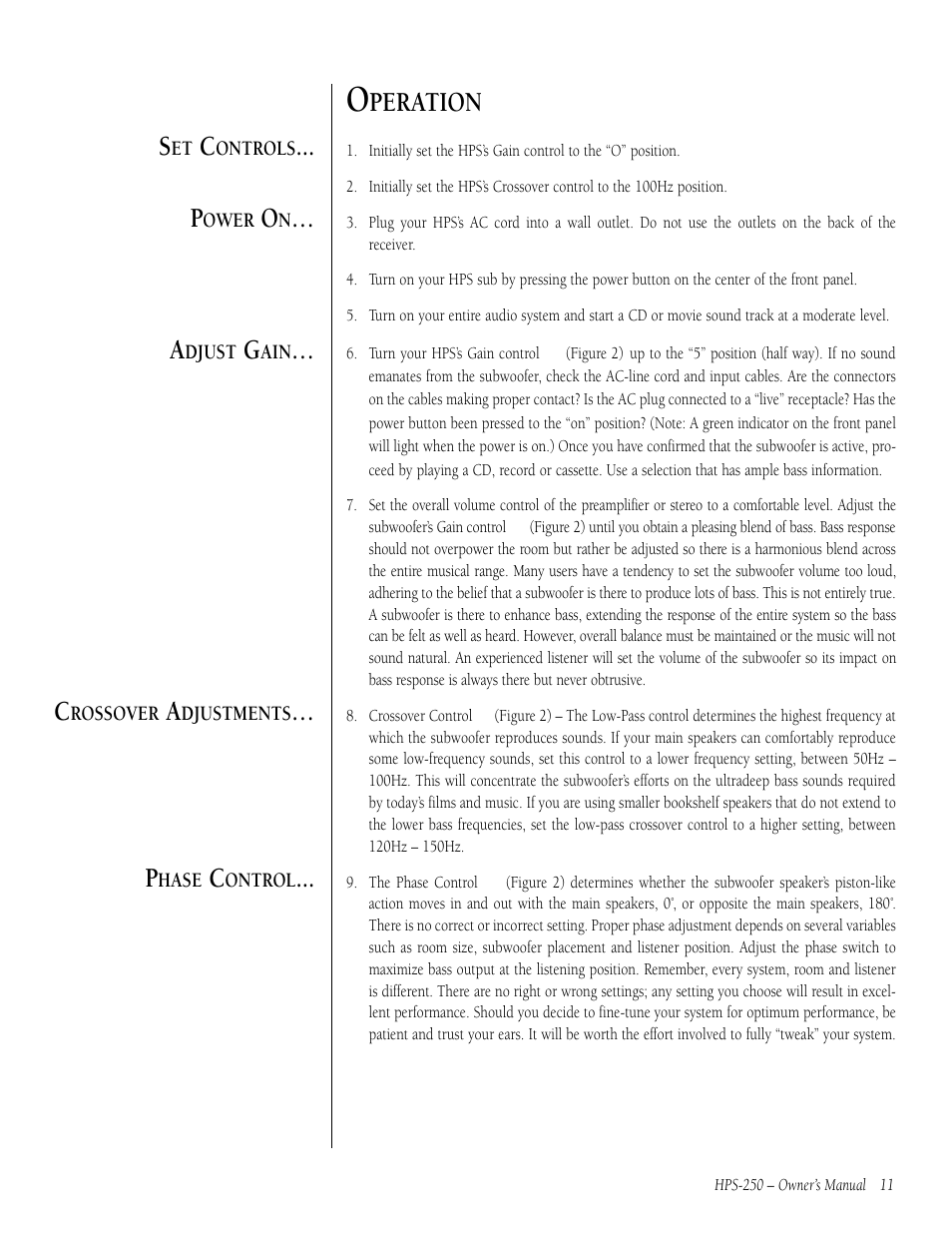 Peration | Infinity HPS-250 User Manual | Page 11 / 16