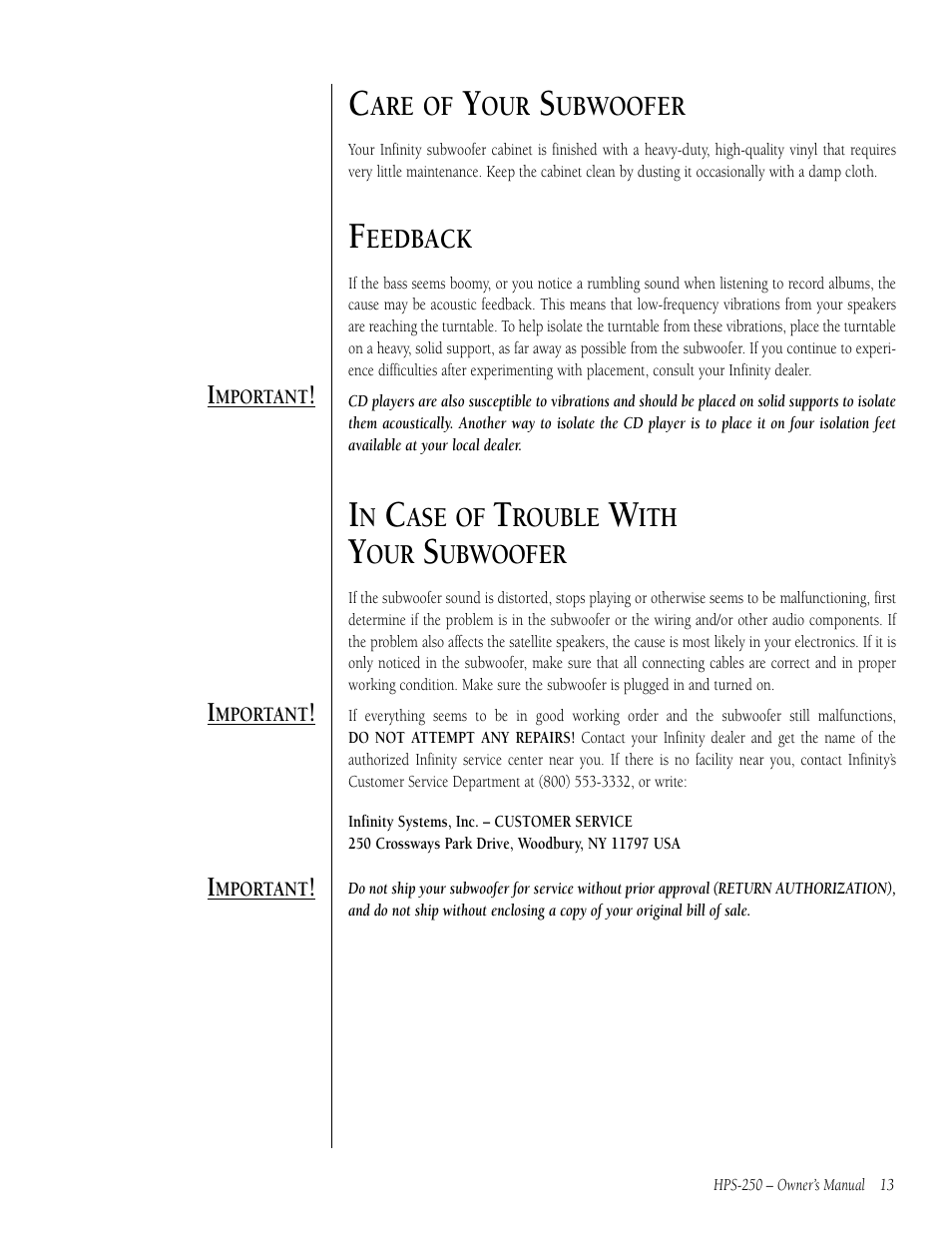 Infinity HPS-250 User Manual | Page 13 / 16